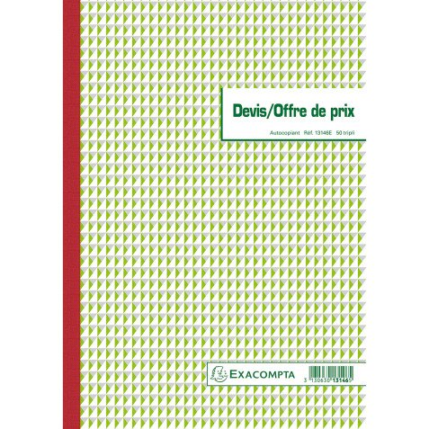 Cahier de devis / offre de prix Manifold Exacompta autocopiant 29,7 x 21 cm 50 pages triple exemplaires 13146E