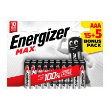 Pile alcaline AAA - Pack 15 piles LR3 Energizer Max, + 5 offertes