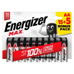 Pile alcaline AA - Pack 15 piles LR6 Energizer Max + 5 offertes