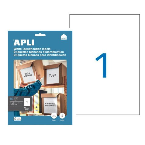 Box of 10 address labels Apli for inkjet, laser and copier - white 210 x 297 mm