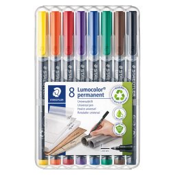 Etui 8 viltstiften Lumocolor Staedtler permanente inkt geassorteerde kleuren fijne punt.