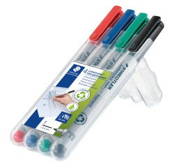 Etui 4 viltstiften Lumocolor Staedtler niet-permanente inkt geassorteerde kleuren fijne punt.