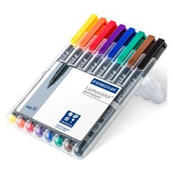 Etui 8 viltstiften Lumocolor Staedtler permanente inkt geassorteerde kleuren medium punt.