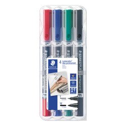 Dauermarker Staedtler Lumocolor Duo 348, Rundspitzen 1,5 mm und Pinselspitze 0,6 mm - Set mit 4 verschiedenen Farben