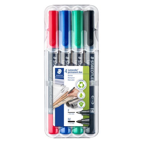 Marqueur permanent Staedtler Lumocolor Duo 348 pointes ogives 1,5 mm et pinceau 0,6 mm - Étui de 4 couleurs assorties
