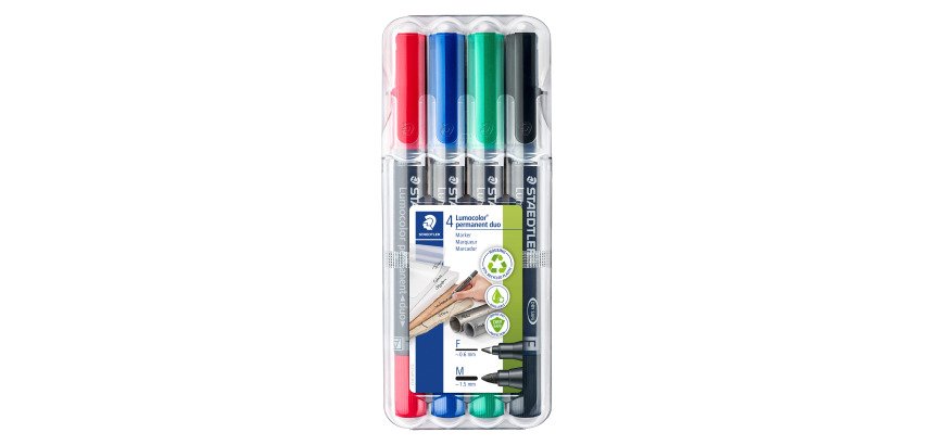 Permanente marker Staedtler Lumocolor Duo 348 met kegelpunt van 1,5 mm en een fijne punt van 0,6 mm - Etui met 4 verschillende kleuren