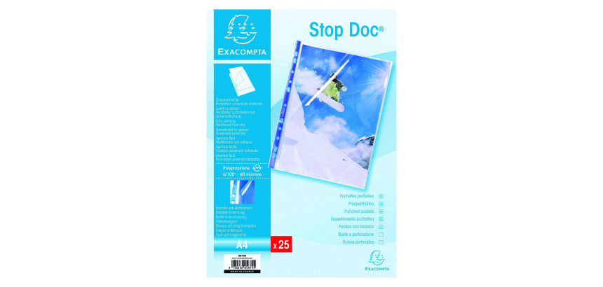 Sachet de 25 pochettes perforées Stop doc ouverture en coin - polypropylène lisse 6/100e - A4
