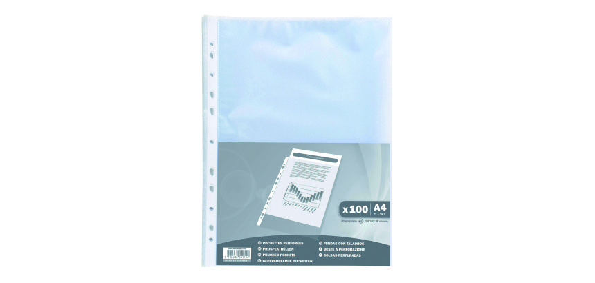 Sachet de 100 pochettes perforées polypropylène grainé 3,8/100e - A4