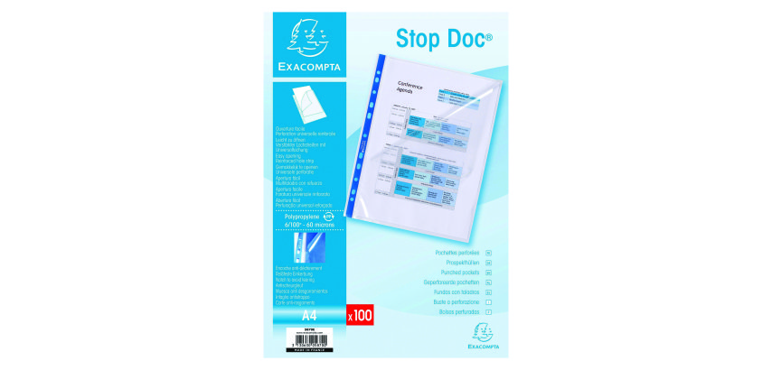 Fundas multitaladro apertura oblicua Exacompta Stop Doc A4 de polipropileno liso 6/100 - Caja de 100