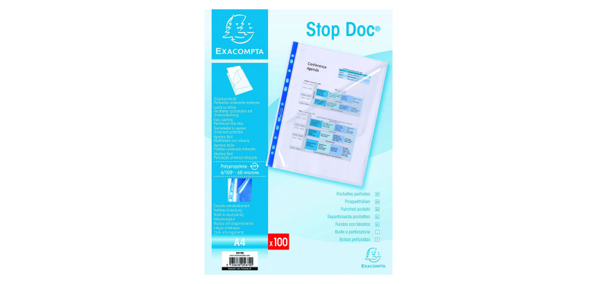 Sachet de 100 pochettes perforées Stop doc ouverture en coin - polypropylène lisse 6/100e - A4
