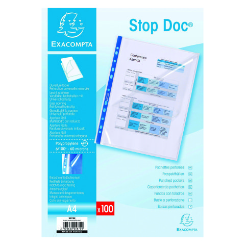 Fundas multitaladro apertura oblicua Exacompta Stop Doc A4 de polipropileno liso 6/100 - Caja de 100