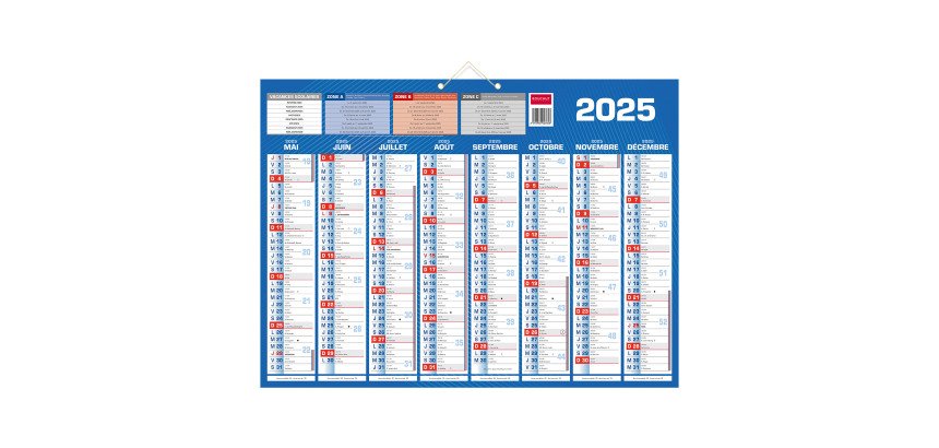 Calendrier semestriel mural année 2025/2026 - 16 mois - 40,5 x 55 cm