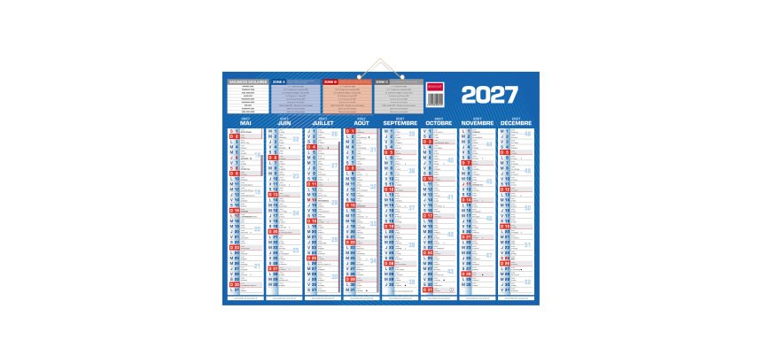 Calendrier semestriel mural année 2026/2027 - 16 mois - 40,5 x 55 cm