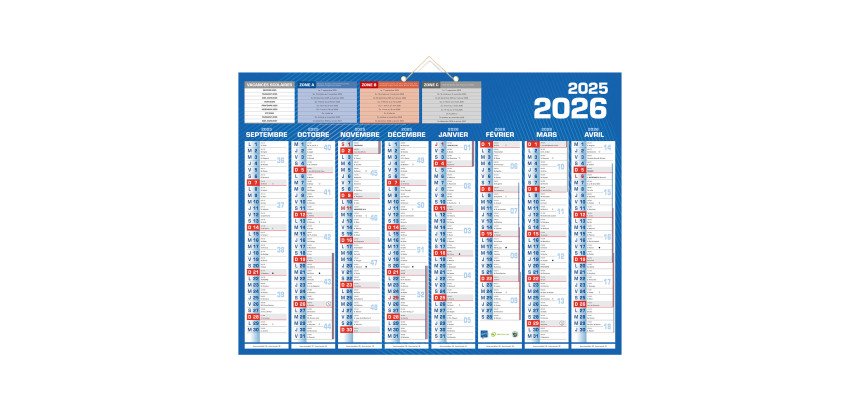 Calendrier semestriel mural 16 mois - 40,5 x 55 cm - septembre 2025 décembre 2026
