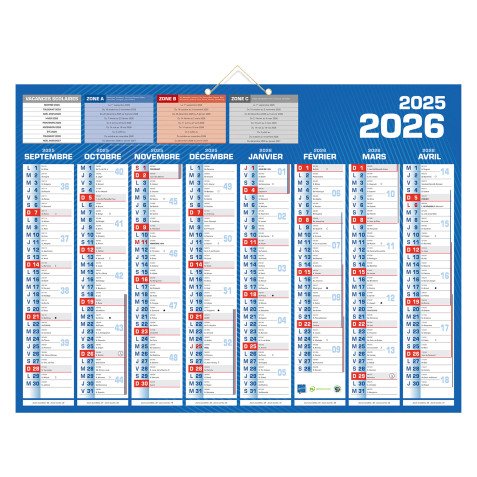 Calendrier semestriel mural 16 mois - 40,5 x 55 cm - septembre 2025 décembre 2026