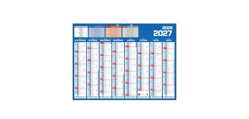 Calendrier semestriel mural 16 mois - 40,5 x 55 cm - septembre 2026 décembre 2027