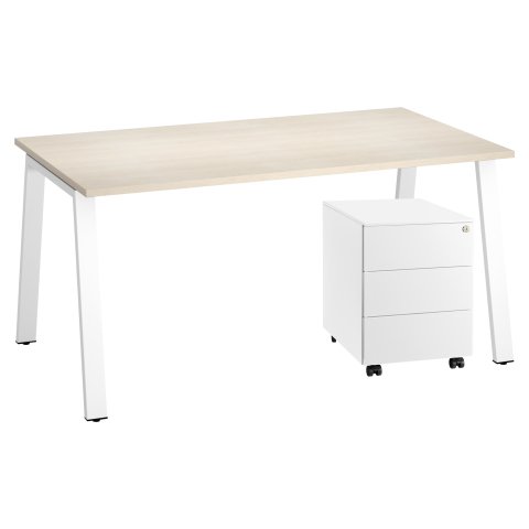 Pack Ecla Escritorio 160 cm patas blancas + cajonera blanca metálica 3 cajones