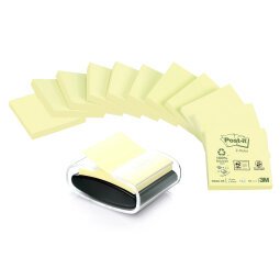 Pack 12 blocs z-notes jaunes recyclées Post-It 76 x 76 mm + distributeur offert