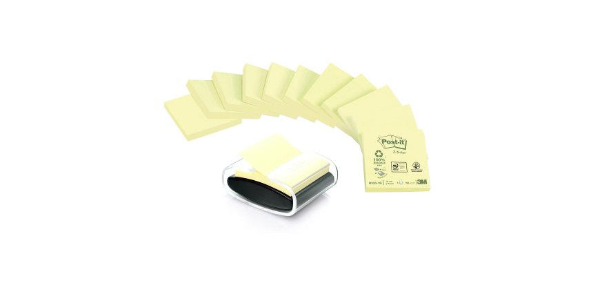 Pack 12 blocs z-notes jaunes recyclées Post-It 76 x 76 mm + distributeur offert