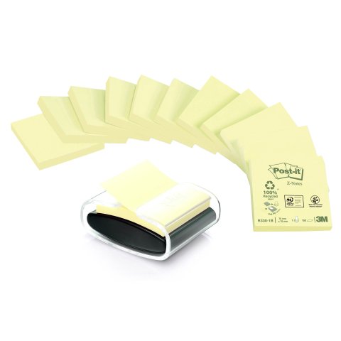 Pack 12 blocs z-notes reposicionables amarillos reciclados Post-It 76 x 76 mm - bloc de 100 hojas + dispensador gratis