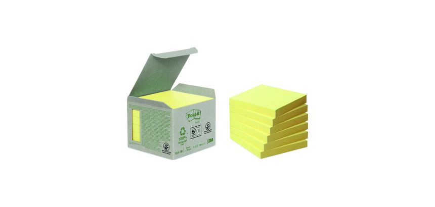 Notes repositionnables jaunes recyclées Post-It 76 x 76 mm - en tour distributrice - bloc de 100 feuilles