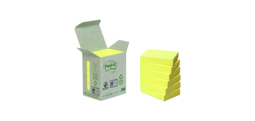 Notes repositionnables jaunes recyclées Post-It 38 x 51 mm - en tour distributrice - bloc de 100 feuilles