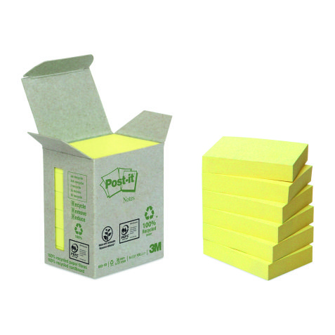 Notes repositionnables jaunes recyclées Post-It 38 x 51 mm - en tour distributrice - bloc de 100 feuilles