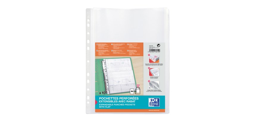 Pochettes perforées OXFORD A4 à soufflet à rabat sur le haut polypropylène lisse 20/100e - Boite de 10