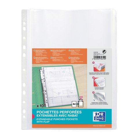 Fundas multitaladro Oxford A4 con fuelle y solapa en la parte superior, polipropileno liso 20/100 - Caja de 10