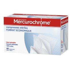Caja de 60 compresas estériles de 20 x 20 cm Mercurocromo