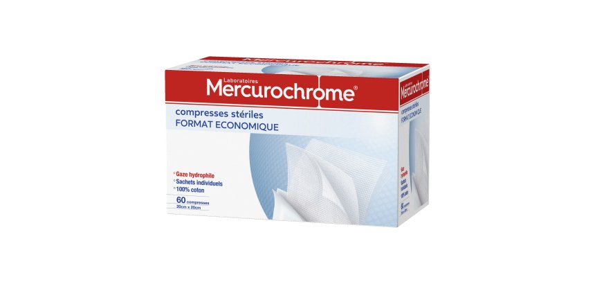 Boîte de 60 compresses stériles 20 x 20 cm Mercurochrome