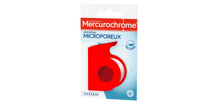 Sparadrap microporeux spécial peaux sensibles Mercurochrome 5 m x 2,5 cm