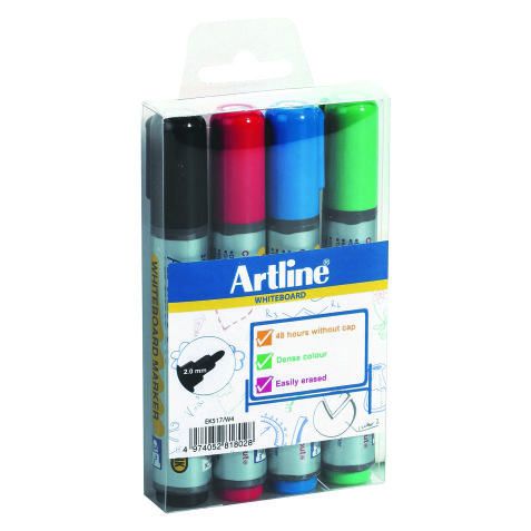 Etui van 4 uitwisbare markers Artline Dry Safe 517 geassorteerd klassiek