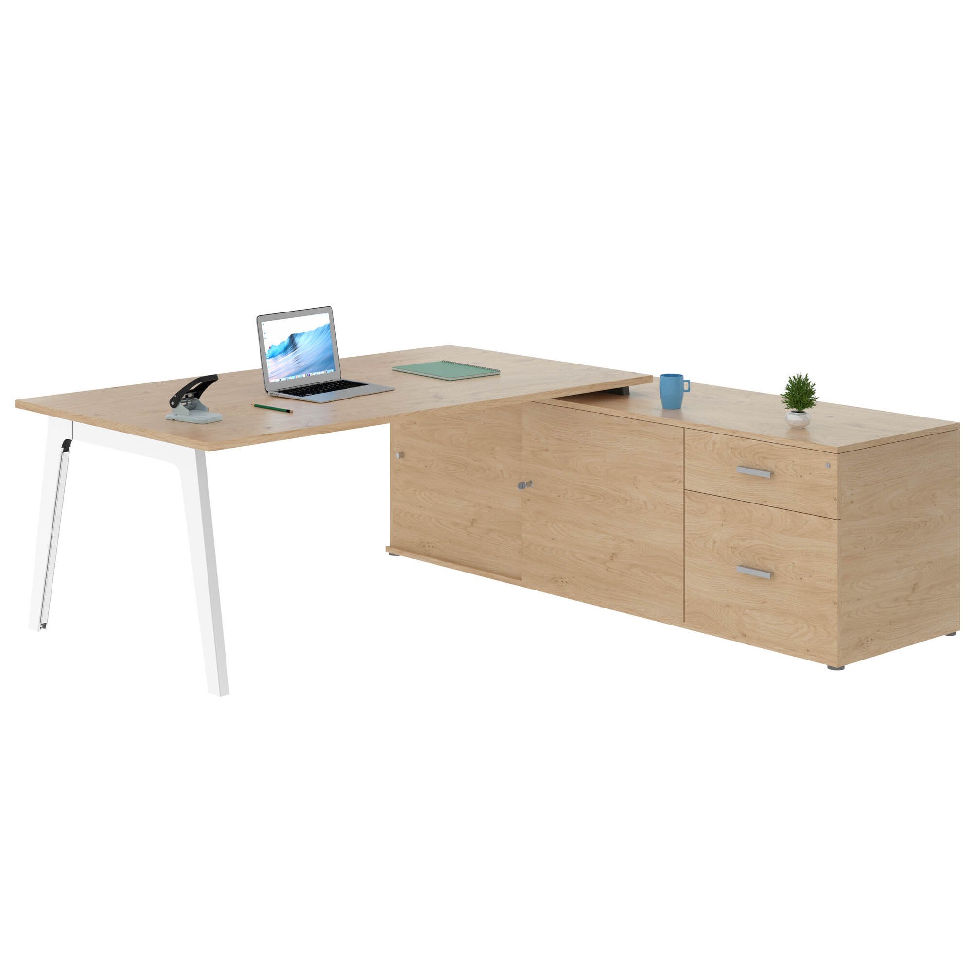 Bureau manager chêne clair 180 x 100 cm avec console à droite - Exprim