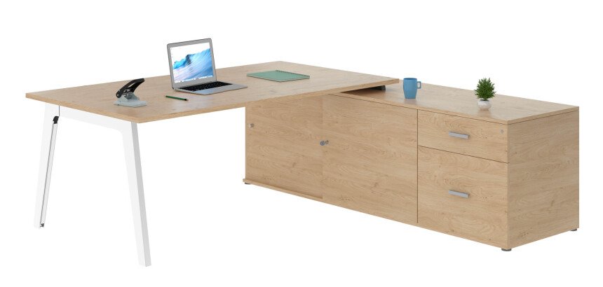 Bureau manager chêne clair 180 x 100 cm avec console à droite - Exprim