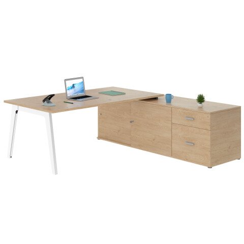 Mesa manager con extensión derecha Eden Arco roble claro patas blancas