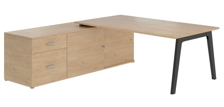 Bureau manager chêne clair 180 x 100 cm avec console à gauche - Exprim