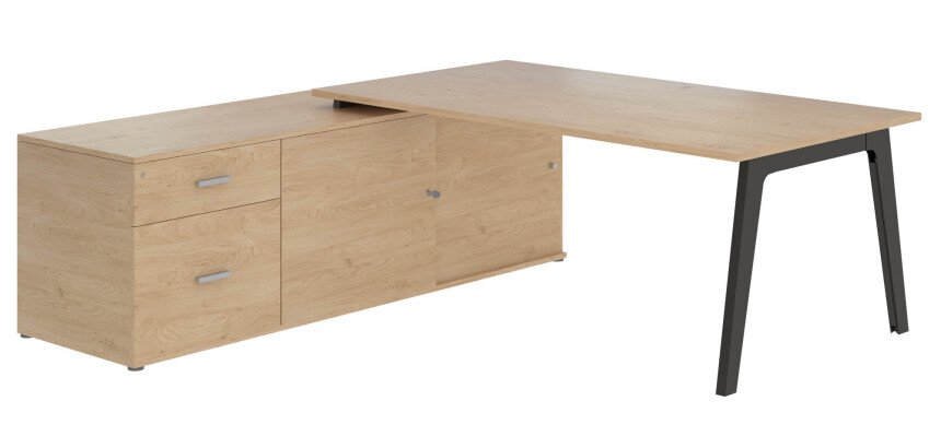 Bureau manager chêne clair 180 x 100 cm avec console à gauche - Exprim