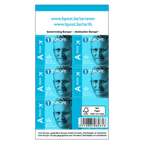 Blister of 10 x 5 self-adhesive sheets with stamps Bpost Europe Tarif 1 Filip. (This item will not count towards your gift or calculation of possible postal charges)