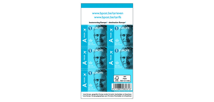 Blister of 10 x 5 self-adhesive sheets with stamps Bpost Europe Tarif 1 Filip. (This item will not count towards your gift or calculation of possible postal charges)