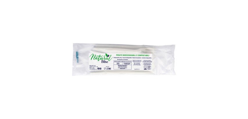 Tris posate (forchetta, cucchiaio, coltello) con tovagliolo 1 velo - 29x29 cm - in bioplastica - 50 pezzi