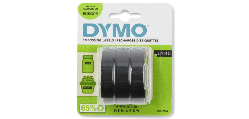 Ruban vinyle 3D Dymo noir écriture blanche 9 mm S0847730 - Blister de 3