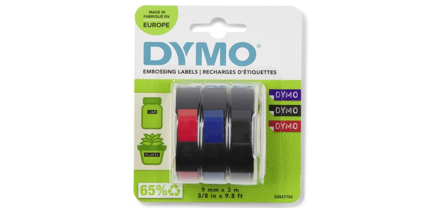 Vinyl ribbon 3D Dymo assorted color with white writing 9 mm S0847730 - Pack of 3