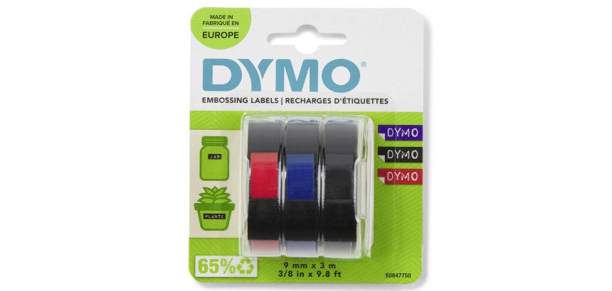 Ruban vinyle 3D Dymo couleur assortie écriture blanche 9 mm S0847730 - Blistre de 3