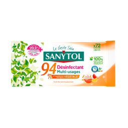 Lingettes désinfectantes multi-usages Sanytol 94 % végétal, agrumes - Paquet de 72