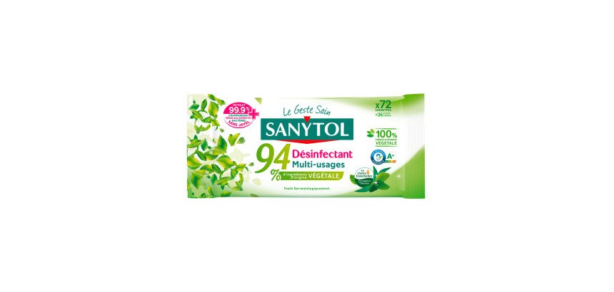 Lingettes désinfectantes multi-usages Sanytol 94 % végétal, eucalyptus et menthe - Paquet de 72