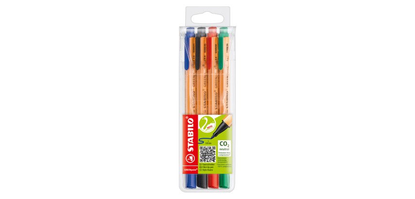 Penna Eco con punta fine in fibra STABILO GREENpoint CO2 neutral 4 pezzi assortiti