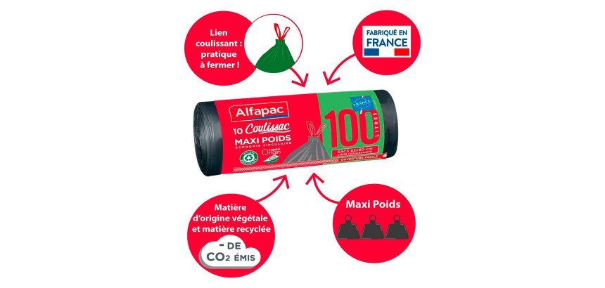 Sac poubelle 100 litres Coulissac maxi poids Alfapac gris - 30 sacs