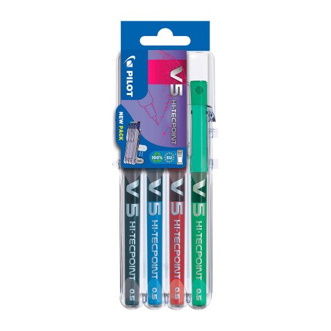 Penne Pilot Hi-Tecpoint V5 tratto extra fine colori assortiti nero, blu, rosso e verde in set 2 go