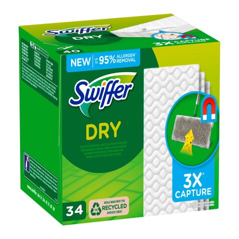 Panni cattura polvere Swiffer Dry 3X -75% di fibra sintetica riciclata - 34 unità